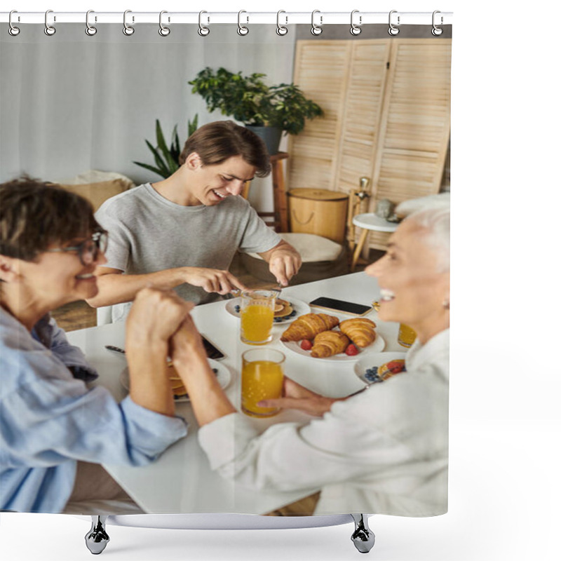 Personality  A Joyful Family Enjoys Breakfast Together, Sharing Laughter And Delicious Food In A Warm Atmosphere. Shower Curtains