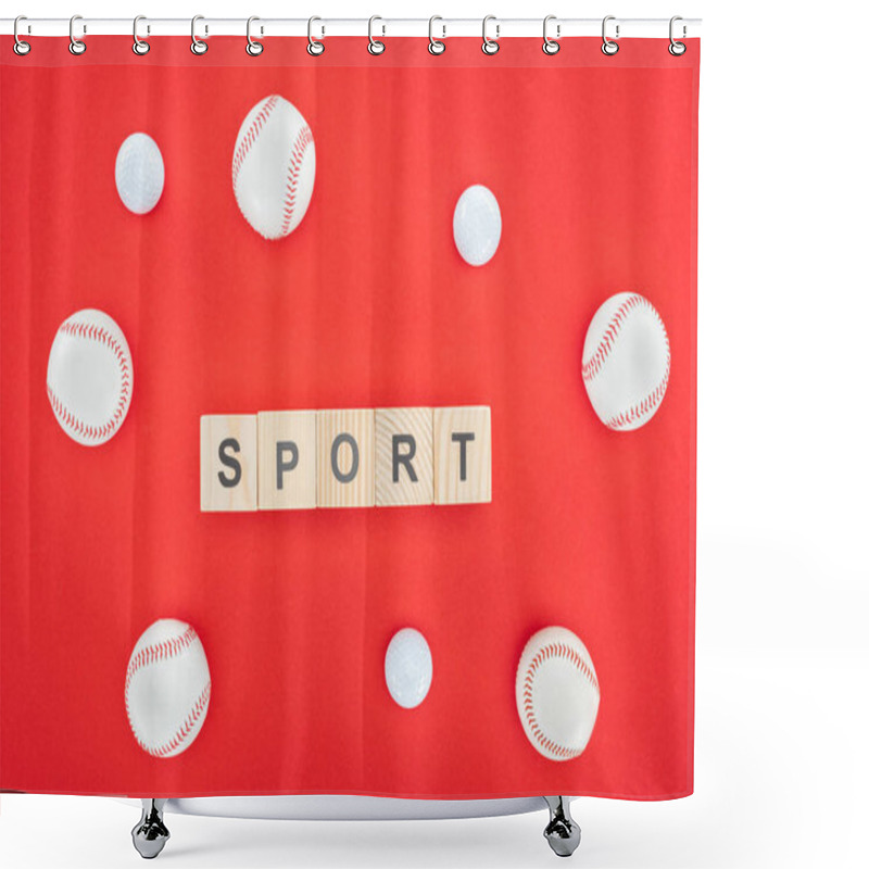 Personality  Sport Lettering On Wooden Cubes Near Softballs Isolated On Red  Shower Curtains