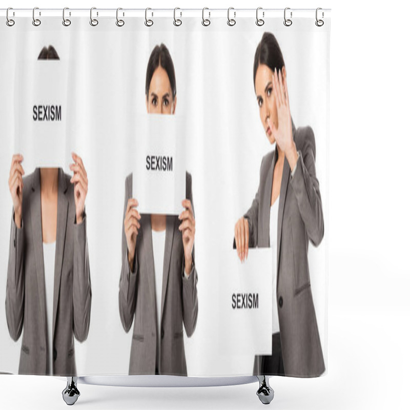 Personality  Collage Of Businesswoman Holding Placard With Sexism Lettering While Showing Stop Gesture Isolated On White  Shower Curtains