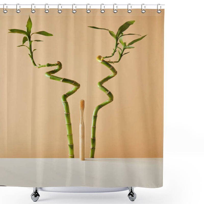 Personality  Bamboo Toothbrush On White Table And Green Bamboo Stems On Beige Background Shower Curtains