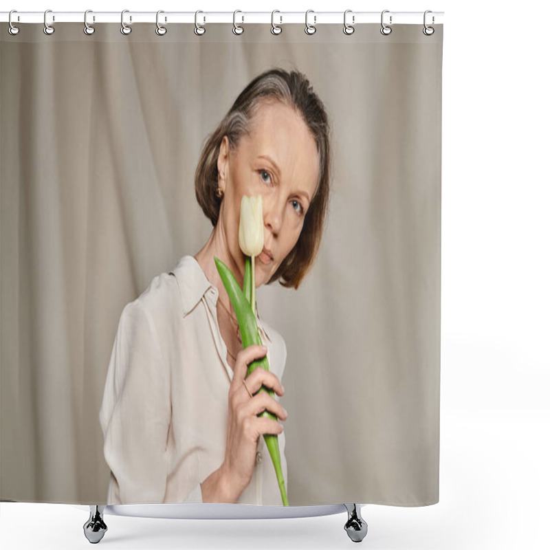 Personality  Mature Woman In Comfy Attire Holds Tulip Gracefully. Shower Curtains