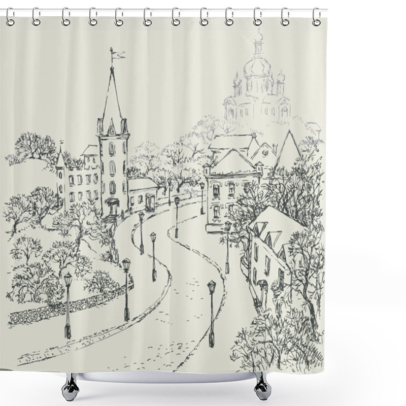 Personality  Vector Sketch Of The City Landscape Of The Old Street Shower Curtains