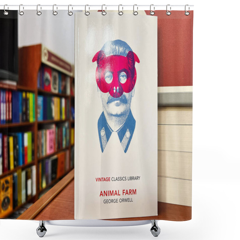 Personality  Lviv, Ukraine - February 20, 2025: George Orwell's Animal Farm Showcased On A Bookshelf, Featuring Artistic Cover Design. Shower Curtains