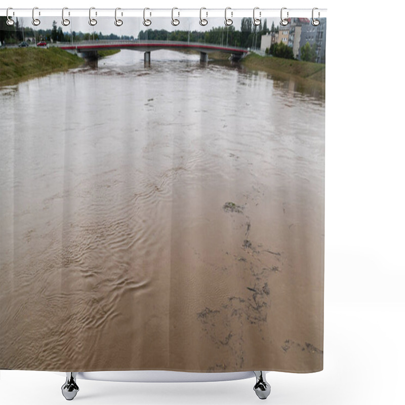 Personality  Wood Debris Flowing In Odra River Dirty Water During Flood. Poland Shower Curtains