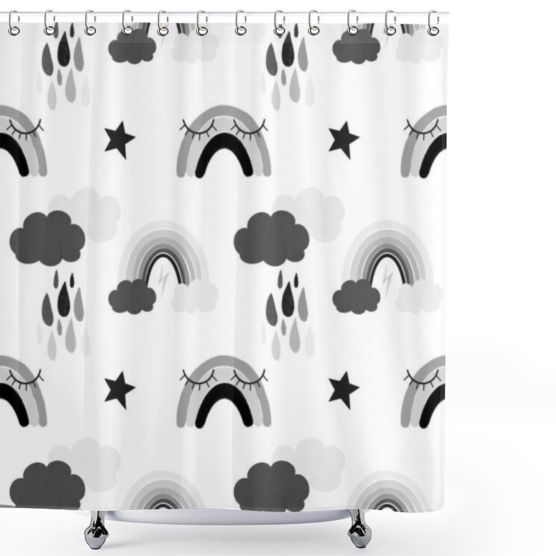 Personality  Seamless Pattern Of Hand Drawn Rainbow, Stars And Clouds In Black And White Colors On White Background Shower Curtains