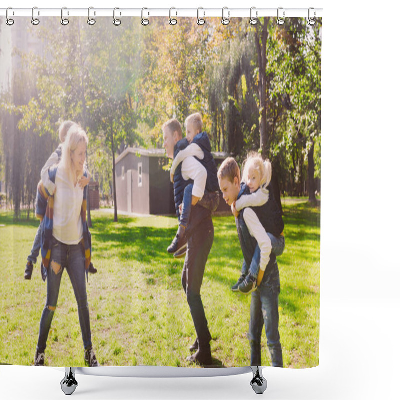 Personality  Theme Family Active Leisure Outside In Nature. Large Caucasian Family With Four Children. Mom And Dad Actively Relaxing. Enjoy Life In Park Near House On Grass. Children On Back Shoulders Roll On Top Shower Curtains