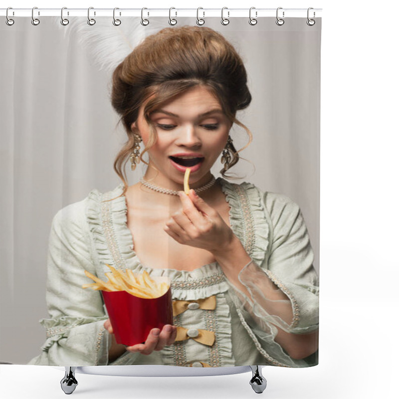 Personality  Pleased Woman In Elegant Retro Outfit Eating French Fries Isolated On Grey Shower Curtains