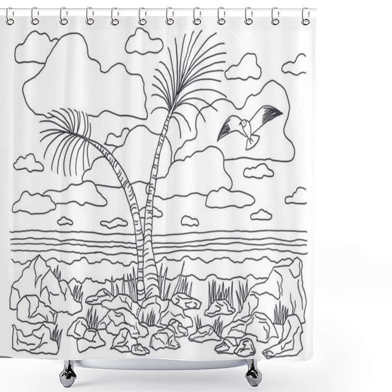 Personality  Coloring Books For Children And Adults. An Image Of Nature. Landscape Painting. The Idea Of Coloring. Sea, Palm Trees, Water, Sky, Bird, Seagull, Clouds. Shower Curtains