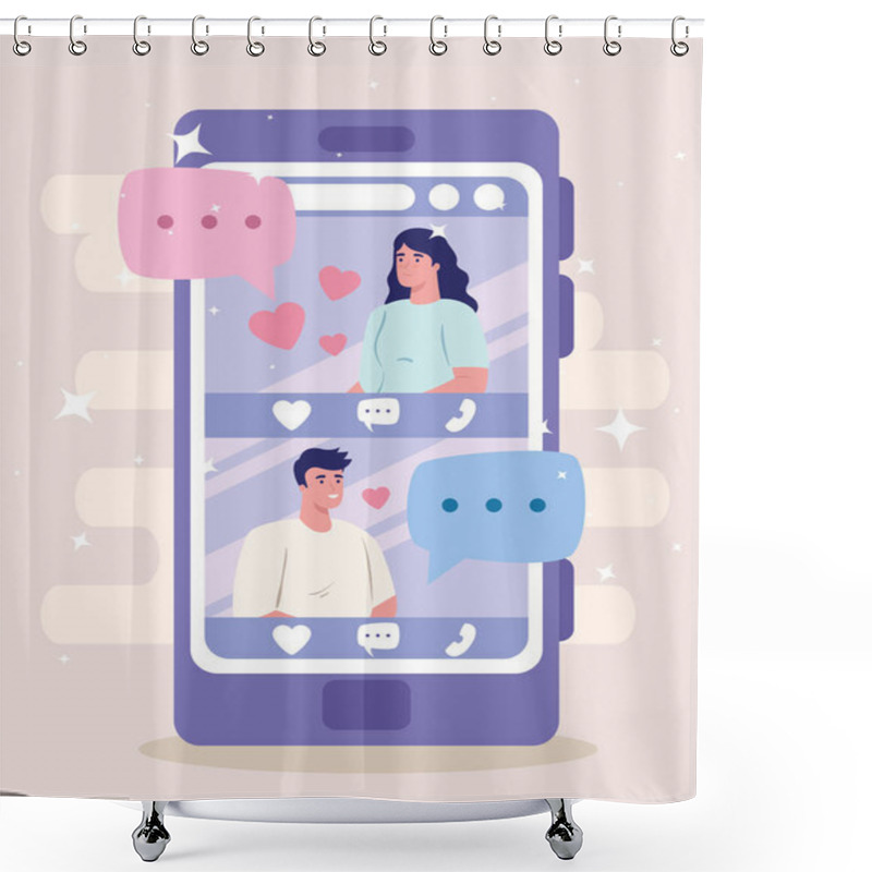 Personality  Online Dating Service Application, Smartphone With Man And Woman Profiles, Modern People Looking For Couple, Social Media, Virtual Relationship Communication Concept Shower Curtains