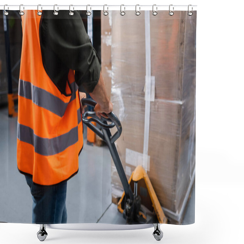 Personality  Cropped Middle Aged Warehouse Worker In Hard Hat And Safety Vest Transporting Pallet With Hand Truck Shower Curtains