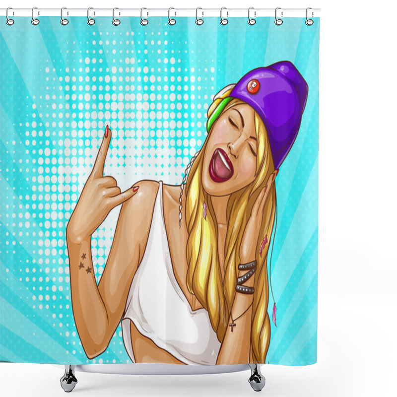 Personality  Pop Art Girl In Headphones Vector Illustration Shower Curtains