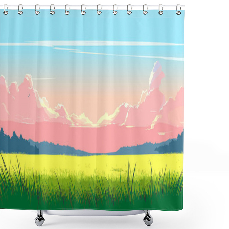 Personality  Spring Landscape With Green Hills, Meadows And Pastures. Sunrise In The Background. Vector Panorama. Shower Curtains