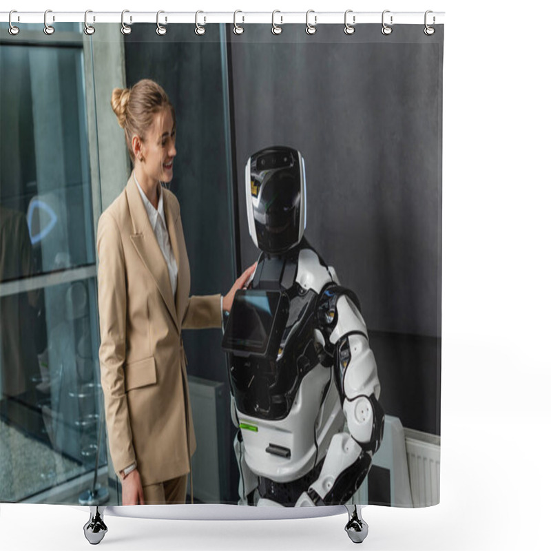 Personality  Joyful Businesswoman Standing Near Robot In Office Shower Curtains