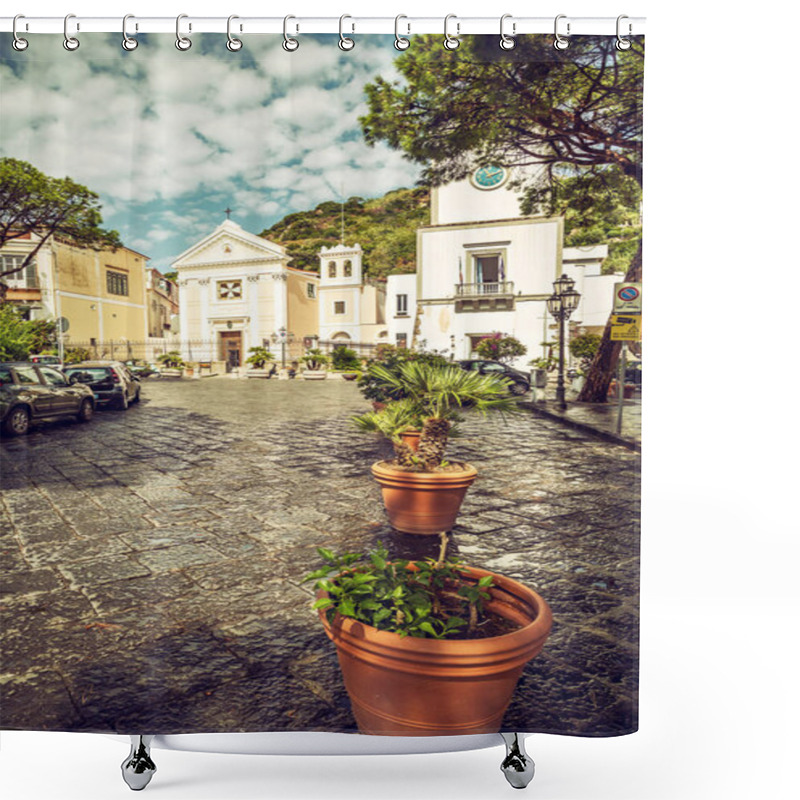 Personality  The Central Square Of Lacco Ameno On The Island Of Ischia With Santa Restituta Church, Dedicated To The Patron Of Lacco Ameno. Travel Destination In Italy. Shower Curtains