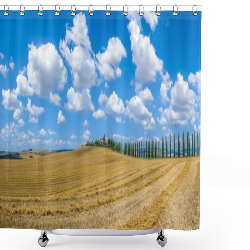 Personality  Beautiful Tuscany Landscape With Traditional Farm House And Dramatic Clouds On A Sunny Day In Val D'Orcia, Italy Shower Curtains