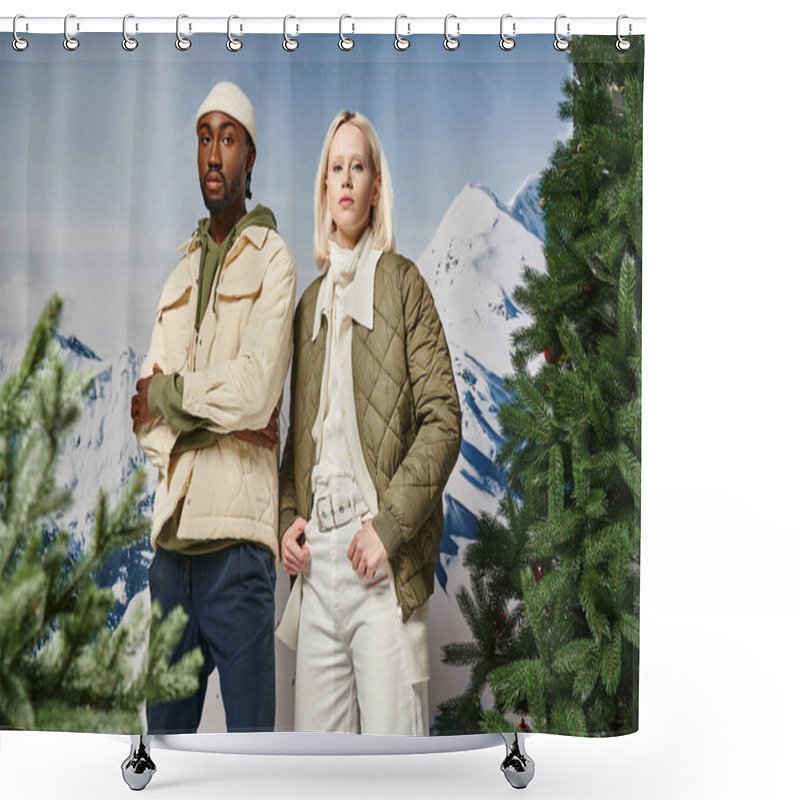 Personality  Stylish African American With Crossed Arms Posing Next To His Voguish Girlfriend, Winter Fashion Shower Curtains