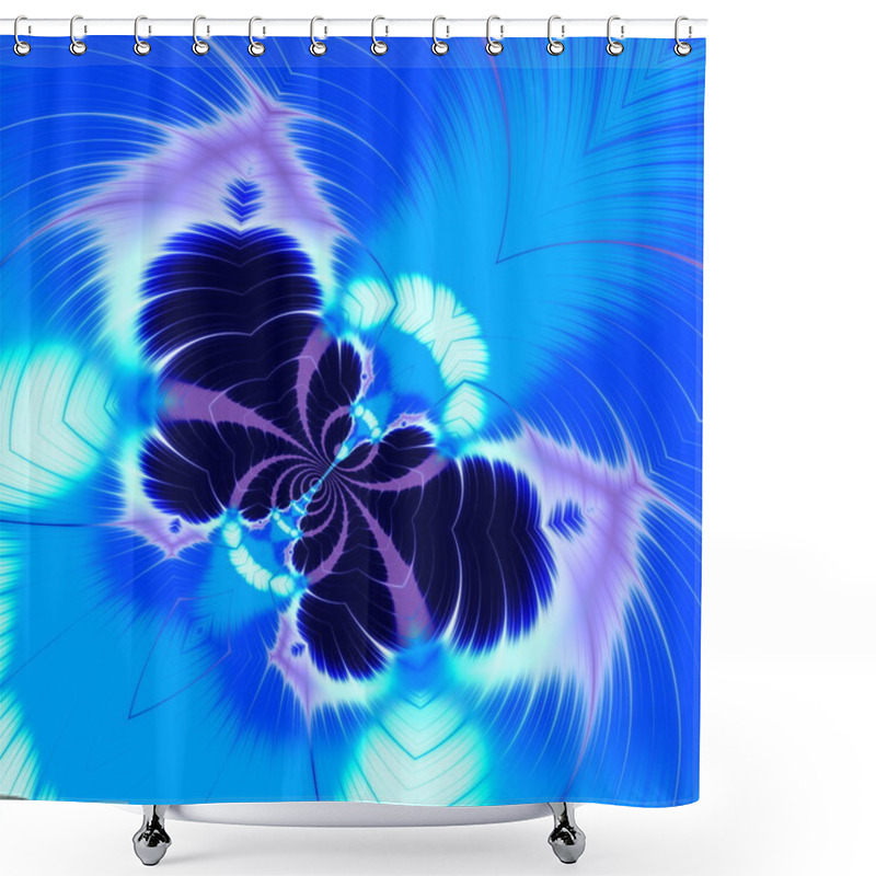 Personality  Abstract Blue Butterfly Fractal. Crazy Line Art. Visual Effect Idea. Made In Full Frame. Unusual Odd Images. Imagery In Blue Color Tone. Strange Curve Shapes. Pic Colored In Bright Colors. Graphics. Shower Curtains