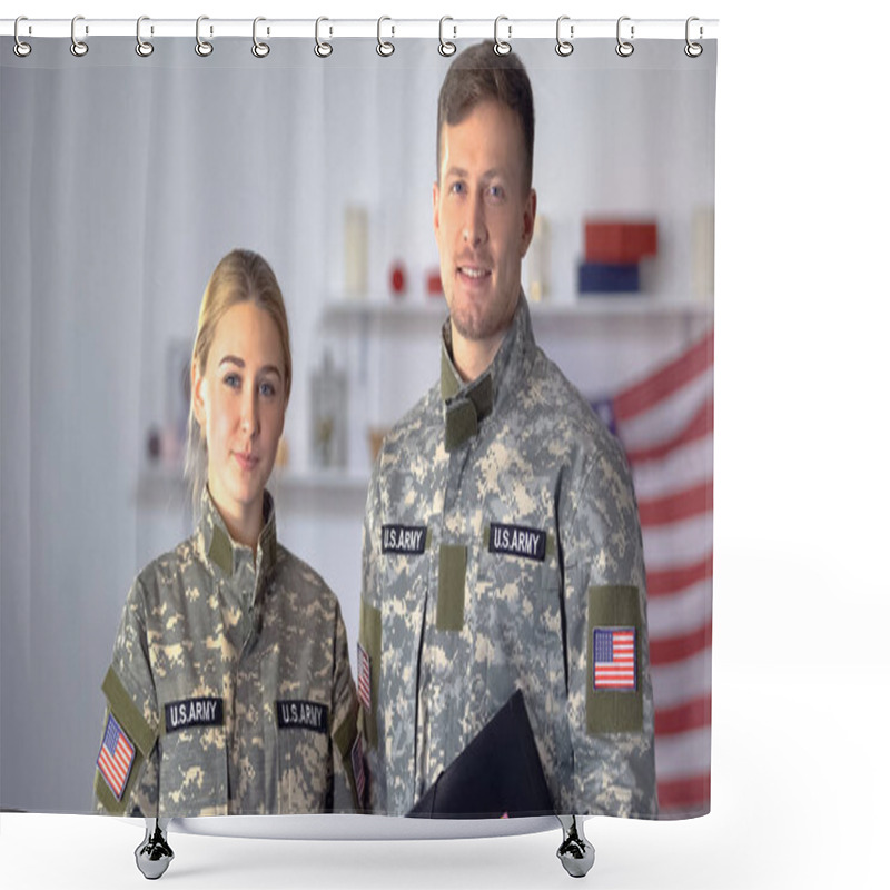 Personality  USA Students Of Military Academy With Folders Looking At Camera, Education Shower Curtains