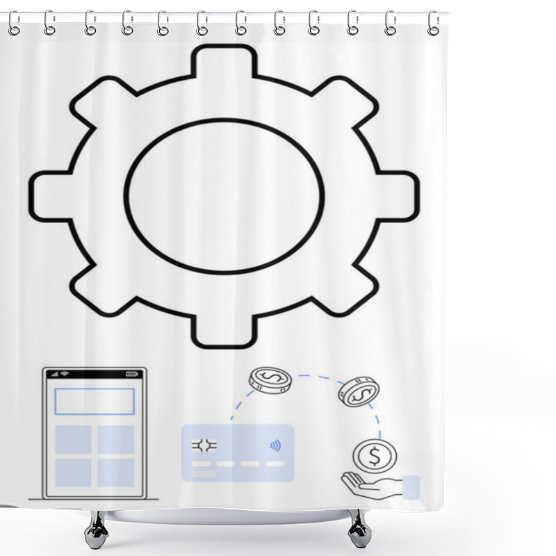 Personality  Gear At Center, Smartphone Below, Payment Card, Floating Coins, And Receiving Hand. Ideal For Fintech, Mobile Banking, Digital Transactions, Automation Online Services Tech Finance User Shower Curtains