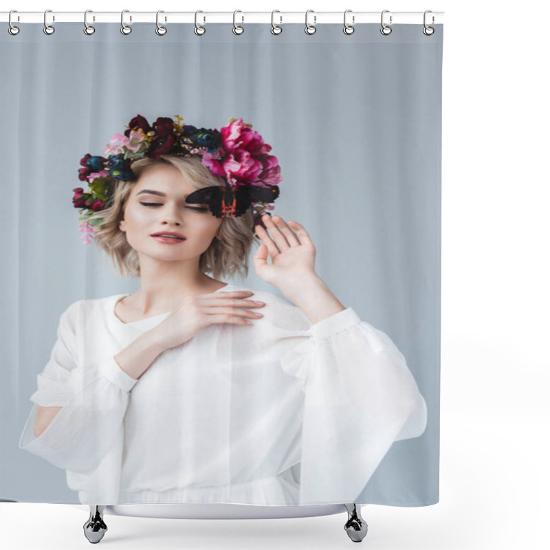 Personality  Attractive Girl Posing In Floral Wreath With Butterfly, Isolated On Grey Shower Curtains