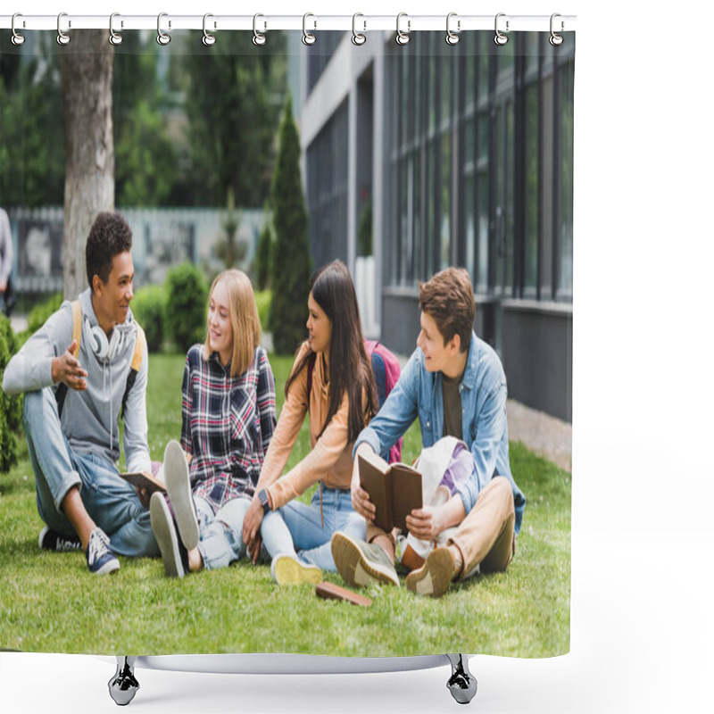 Personality  Smiling Teenagers Sitting On Grass, Talking And Holding Books  Shower Curtains