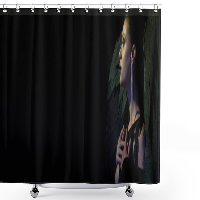 Personality  Gothic Beauty, Side View Of Woman In Halloween Costume Of Dark Demon With Wings On Black, Banner Shower Curtains