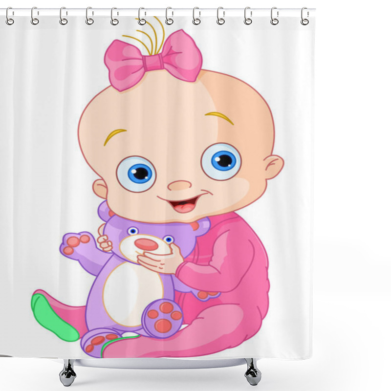 Personality  Cute Baby Girl With Teddy Bear Shower Curtains