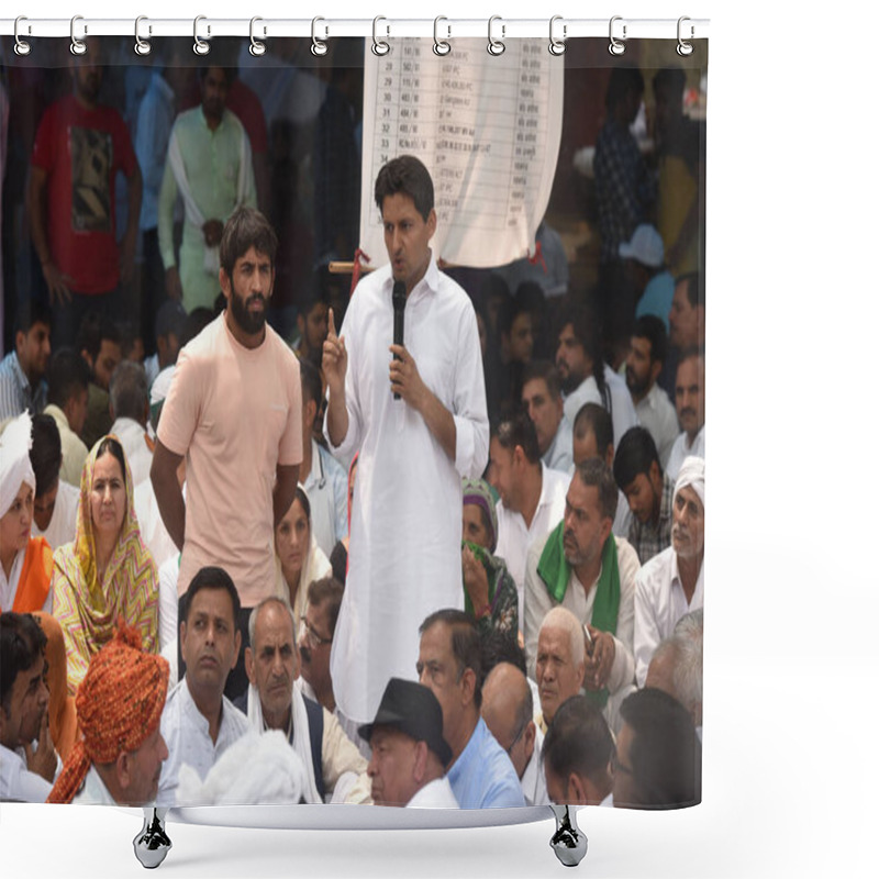 Personality  NEW DELHI INDIA APRIL 28 2023 Member Of Parliament Rajya Sabha Representing Haryana Deepender Hooda Along With Wrestlers Bajrang Punia Address The Dharna People During Sixth Day Dharma Their Protest Against The Wrestling Federation Of India President Shower Curtains