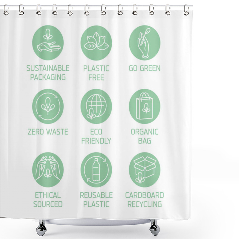 Personality  Vector Set Of Logos, Badges And Icons For Natural And Organic Products. Eco Safe Sign Design. Collection Symbol For Zero Waste And Reusable Packaging. Shower Curtains