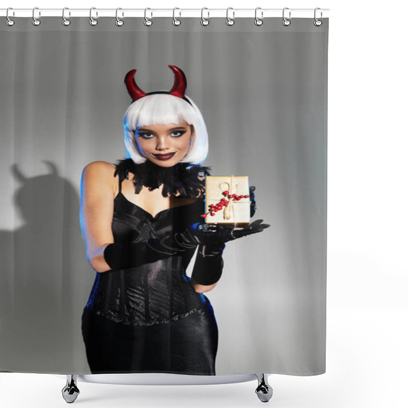 Personality  The Woman Captivates With Her Devil Inspired Outfit And Playful Demeanor, Holding A Gift Surprise. Shower Curtains