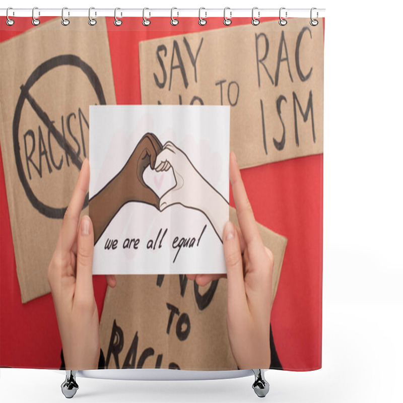 Personality  Cropped View Of Woman Holding Picture With Drawn Multiethnic Hands Showing Heart Gesture On Red Background With Placards Shower Curtains