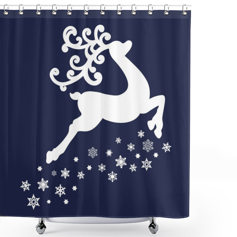 Personality  Christmas Reindeer And Snowflakes. Vector Illustration Of A Blue Silhouette Reindeer Isolated On White Background Shower Curtains