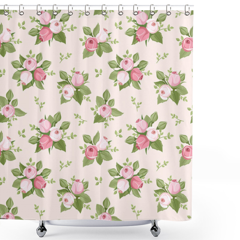 Personality  Vector Seamless Pattern With Pink Rose Buds And Leaves. Shower Curtains