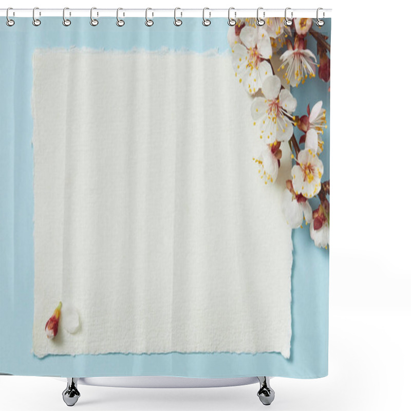 Personality  Top View Of Tree Branch With Blooming Spring Flowers On White Blank Stripped Card On Blue Background Shower Curtains