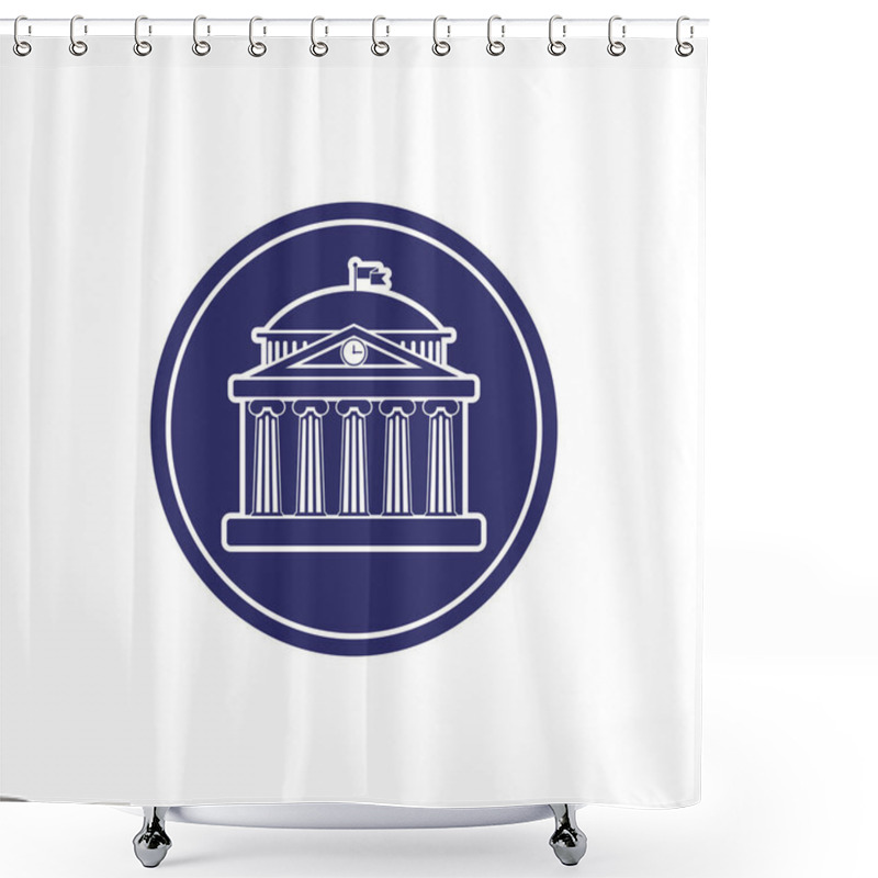 Personality  University Building Sign, Bank, Museum, Library, Parliament. Classical Greece Roman Architecture With Ionic Columns, Clock, Spire And Flag. Web Icon,monochrome Isolated Vector Illustration In Circle Shower Curtains