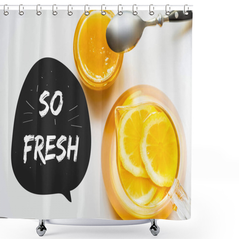 Personality  Top View Of Hot Tea With Lemon Near Honey With Spoon On White Background, So Fresh Illustration Shower Curtains