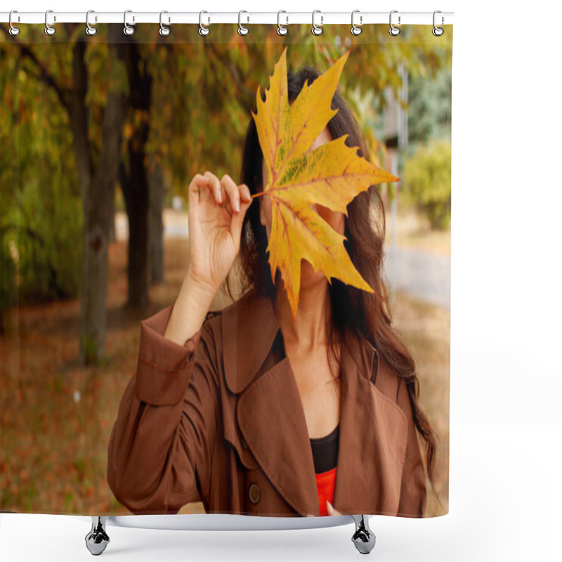 Personality  A Female Covering Her Face With A Big Autumnal Leaf While Standing In The Forest. Shower Curtains