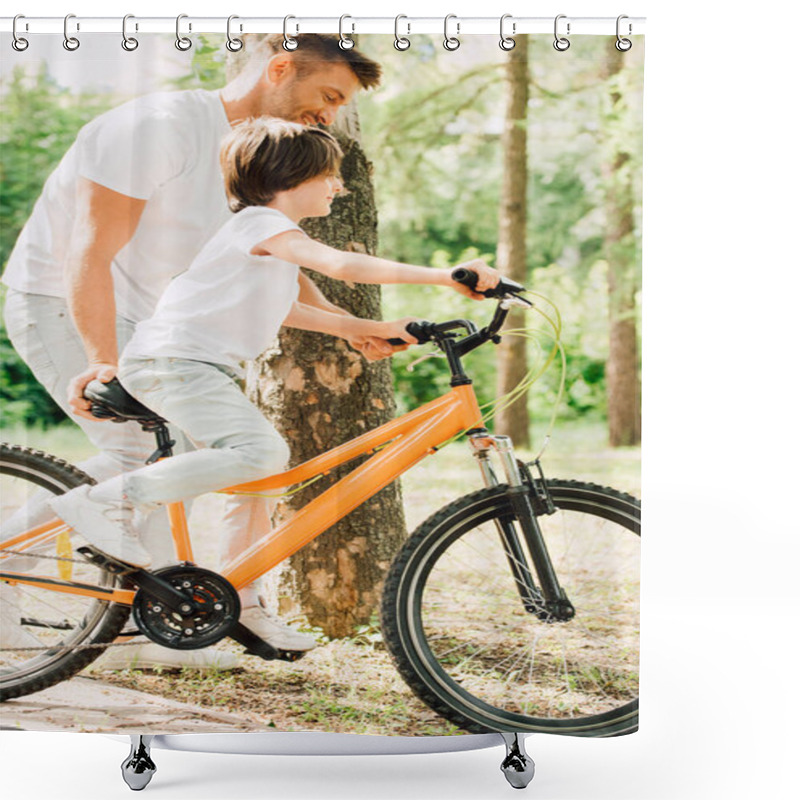 Personality  Side View Of Son Riding Bicycle And Father Walking Next To Kid And Holding Sit Of Bike  Shower Curtains