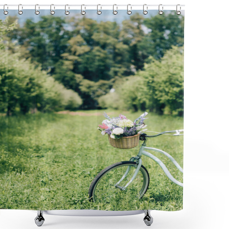 Personality  Selective Focus Of Retro Bicycle With Wicker Basket Full Of Flowers At Countryside Shower Curtains