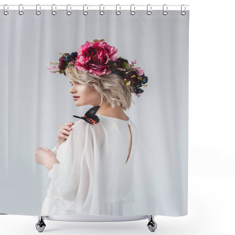 Personality  Beautiful Girl Posing In Flower Wreath With Butterfly On Shoulder, Isolated On Grey Shower Curtains