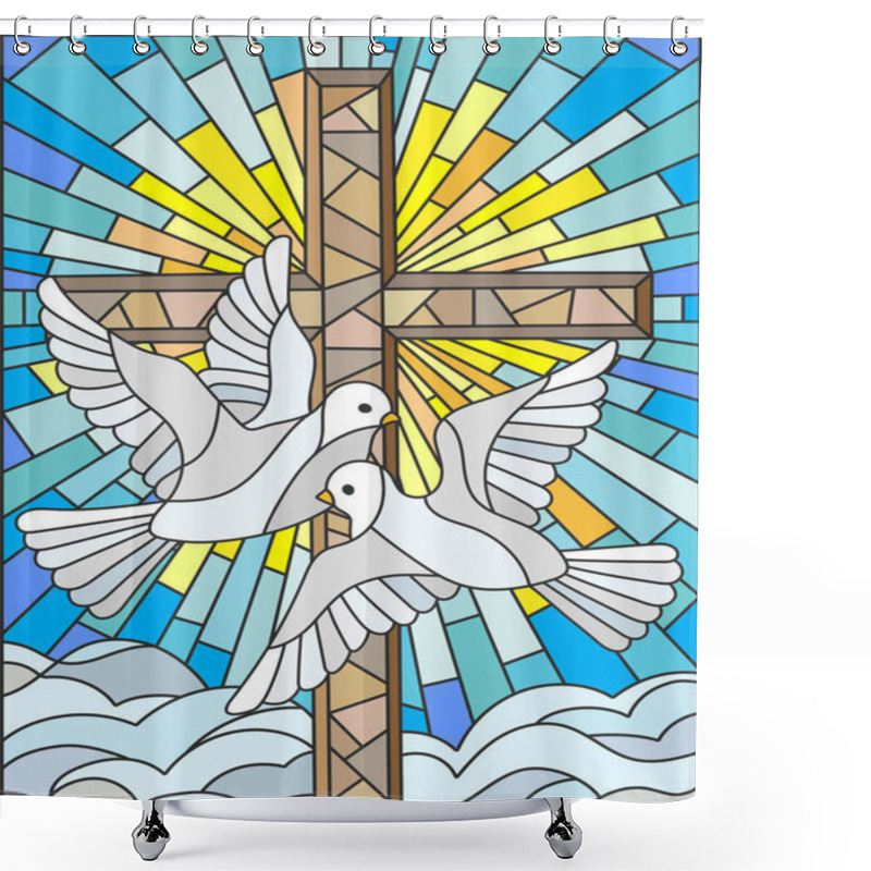 Personality  Illustration With A Cross And A Pair Of White Doves In The Stained Glass Style Shower Curtains