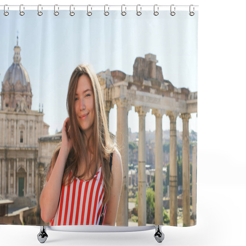 Personality  Young Girl Standing In Ruins Of Roman Forum Background In Rome, Italy. Shower Curtains