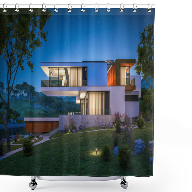 Personality  3d Rendering Of Modern House By The River At Night Shower Curtains