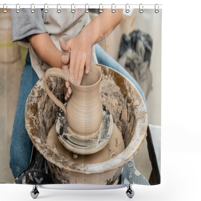 Personality  Cropped View Of Young Female Artist In Apron Creating Clay Jug On Pottery Wheel On Table While Working In Ceramic Workshop, Artisanal Pottery Production And Process Shower Curtains