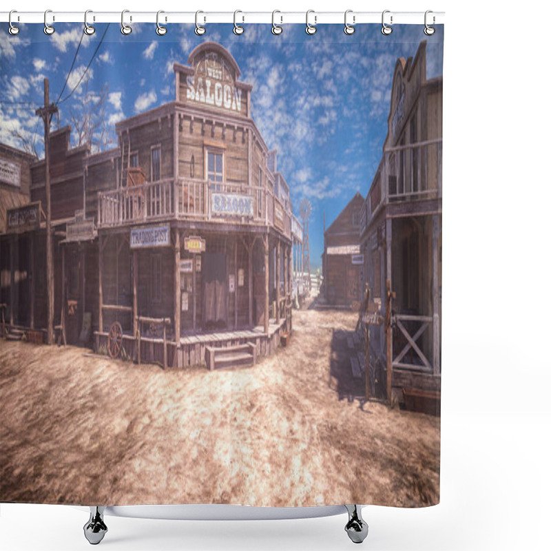 Personality  Saloon And Stores In Dusty Old Wild West Frontier Town.3D Illustration. Shower Curtains