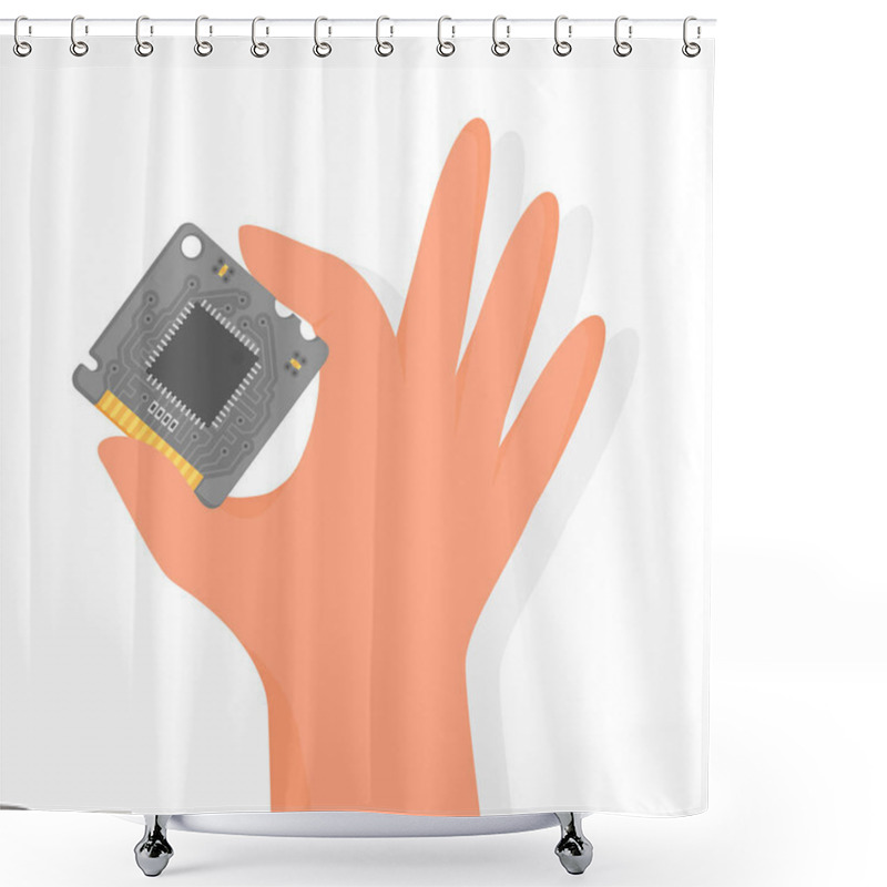 Personality  Electronic Microcircuit In Hand. The Microprocessor And Computer Chip Icon. Computer Component Central Processing Unit CPU. Service Center. Vector Illustration, Flat Style. Shower Curtains