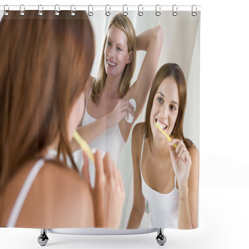 Personality  Two Women In Bathroom Brushing Teeth Applying Deodorant And Smil Shower Curtains