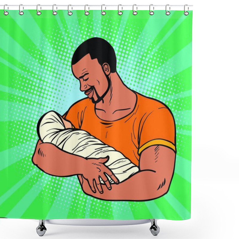 Personality  African Father With Newborn. Family Husband And Child Birthday. Comic Cartoon Pop Art Vector Retro Vintage Drawing Shower Curtains