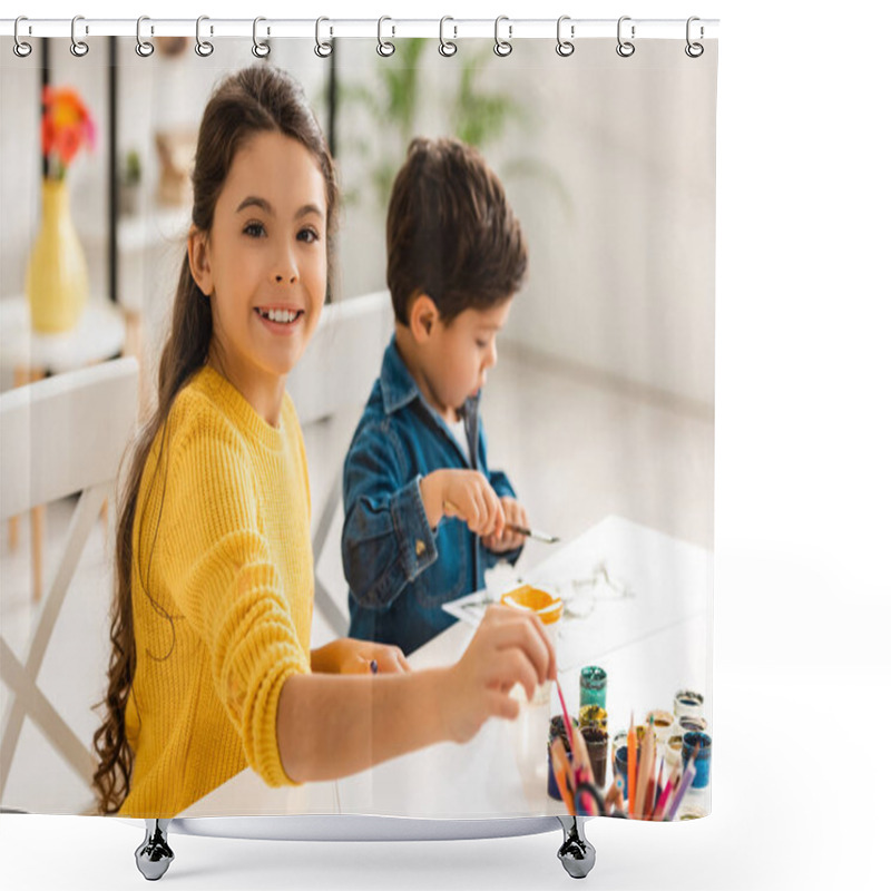 Personality  Cheerful Sister Looking At Camera While Sitting At Table And Drawing Together With Brother Shower Curtains