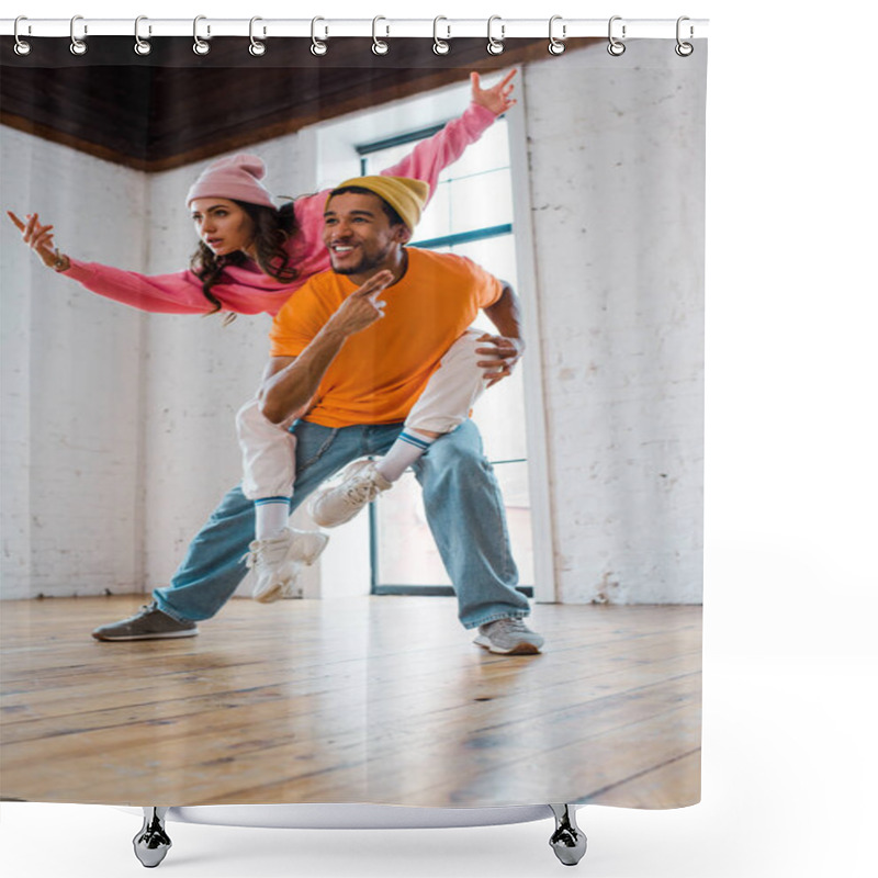 Personality  Happy African American Man Piggybacking Attractive Dancer  Shower Curtains